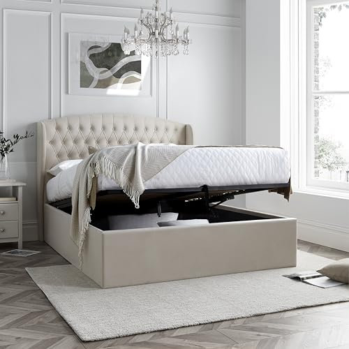 Warwick Upholstered Velvet Ottoman Storage Bed With Winged Headboard Colour and Size Options (Natural, Double)