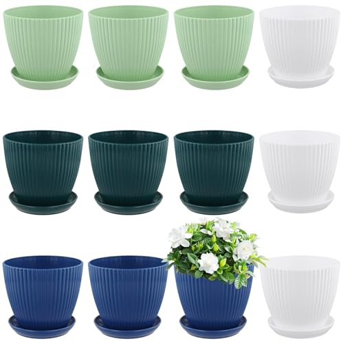 JIEHIN 12 stycken 15 cm färgglada blomkrukor med underlägg plast, 4 färger plastblomkrukor med 2 dräneringshål, växtkrukor plast färgad blomkruka set för utomhus- och inomhusväxter