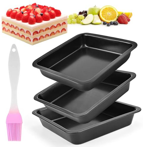 6 Inch Cake Tin Set Of 3, Non-Stick Quare Baking Tin With 1 Brush, Stainless Steels Cake Trays For Baking, Heavy Duty Carbon Steel Oven Tray, Easy To Cook Cheesecakes, Pie And Quiches Brownies, Black