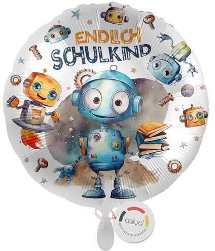 balloa Folieballong, skolbarn, rund heliumballong för skolning med robotmotiv i blått och orange, gåva för pojkar, skoldekoration med teknikttema, fyllbar med luft eller helium, 33 cm