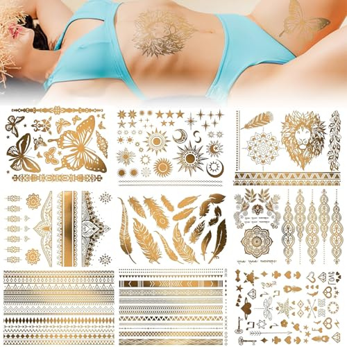 RUGBOL Set om 9 Temporära Tatueringar, Glittriga Guld Tatuering Schabloner för Kvinnor, Flickor, Barn och Pojkar, DIY Ansikte och Kroppsdekoration (Stil 2)