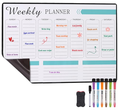 Planificador semanal magnético lavable, planificador familiar para frigorífico con 6 rotuladores y esponja, organizador de pizarra blanca para comida, hogar y citas