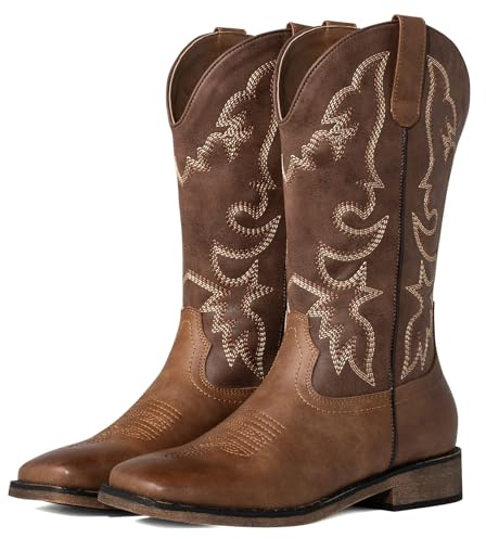 J's.o.l.e Ladies Embroidered Brown Western Cowboy Boots - Mid Calf Cowgirl Boots with Square Toe & Chunky Heel UK Size 7