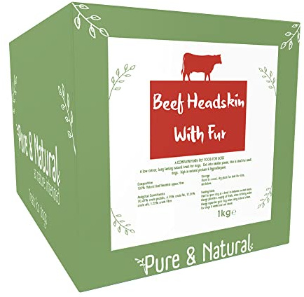 Pure & Natural Beef Head Skin for Dogs (with Fur) - Long Lasting Dog Chew Made from Beef Scalp for Dogs, Healthy, Gluten Free, Low Fat, Natural Dog Treats - 1kg Bulk Box