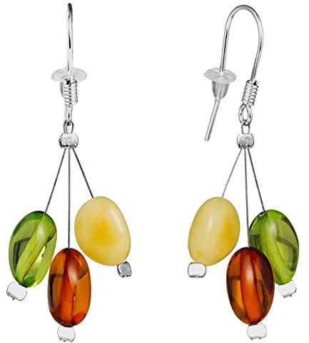 Amber by Mazukna - Bernsteinschmuck für Frauen, mehrfarbige natürliche Bernsteinperlen-Hängeohrringe, leichter Edelsteinschmuck, Silberohrhaken
