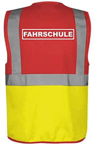 Fassbender-Druck WARNWESTEN - Sicherheitsweste ROT/GELB mit Taschen und Reißverschluss nach EN ISO 20471 zertifiziert - Warn Weste für FAHRSCHULE - Unisex mit hochwertigem Reflektorstreifen