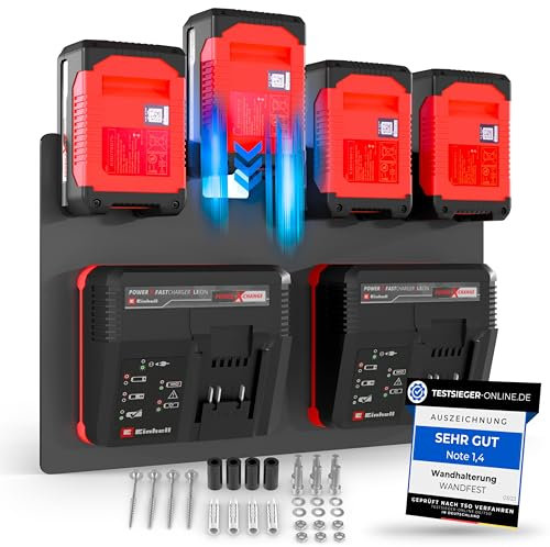 Wandfest® Wandhalterung für Einhell Akkus und Ladegeräte - Das Original | Glänzende & Matte Seite [Made IN Austria] | Stabile Einhell Akku Halterung | 1-4 Akkus