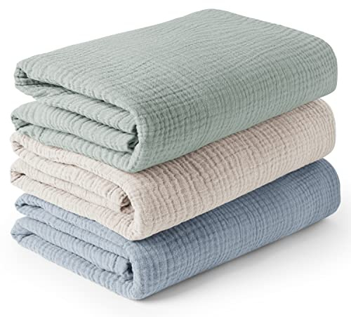 Konssy 3 Pack Muslin Swaddle Blankets for Unisex, Newborn Receiving Blanket, Large 47 x 47 inches, Soft Breathable Muslin Baby Swaddles for Boys & Girls