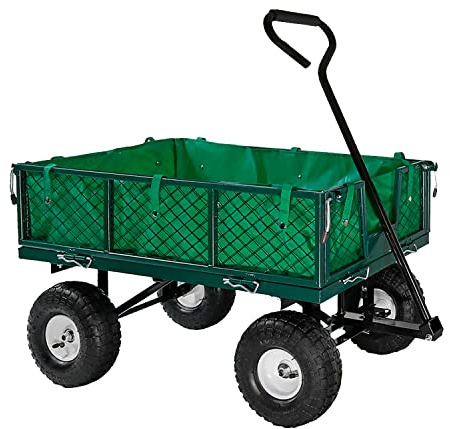 Neo Garden Trailer Cart Pull Along Trolley Heavy Duty Green Mesh Utility Gardeners Wagon Folding Sides Pneumatic Tyres Outdoor for Gardening Festivals Camping Loading (Metal Cart and Cover)