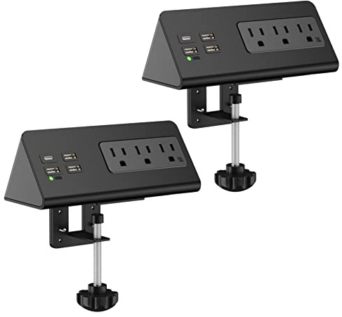 Nightstand Edge Mount Power Strip with USB-C Ports Tabletop Surge Protector Desk Clamp Power Sockets with 3 AC Outlets &4 Fast Charging USB Ports for Home Office Hotel and Dormitory (Black(2-Pack))