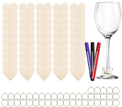 Pumuky Lot de 50 Charms Pour Verre à Vin Avec 3 Marqueurs, Identificateurs de Verre à Vin en Bois, Adaptés à La Fête, au Rassemblement, au Mariage, à La Célébration et au Banquet