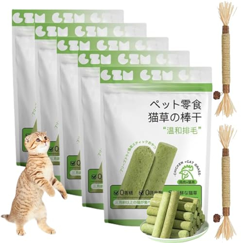 Camic Cat Grass Teething Stick,Cat Grass Chew Stick Grinding Rod,Cats Chew Stick for Indoor Cats and Hairball Removal,Cat Chewing Toys for Cleaning Teeth (5 bags/30 Sticks)