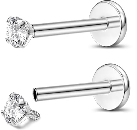 Adramata 2Pcs G23 Titanio Piercing Labret Roscado Interno Piercing Labio Monroe Medusa Piercing CZ Pendiente Piercing Pequeño Piercing Nariz Piercing Helix Piercing Tragus Oro Plata Piercing Oreja