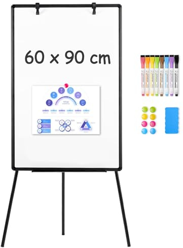 QUEENLINK White Board Easel, 60x90cm Height Adjustable Flipchart, Portable Standing Aluminium Frame Whiteboard for School Teaching, Office, Home
