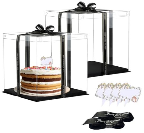 Vebetter 2Pcs Boite a Gateau Transparente Boite Layer Cake Boite de Transport Gateau 26 x 26cm Réutilisable Boîte à Gâteaux en Plastique avec Ruban pour Gateau et Présentoir à Dessert, 8 inch, Noir.