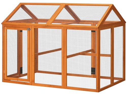PawHut Recinto per Galline all'Aperto in Legno, Gabbia Galline con Porte Multiple e Rete in Metallo, 140x88.5x106 cm, Arancione