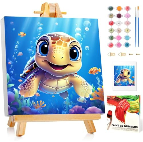 Pintura de tortuga por números para niños con marco, tortuga pintura por números, niños a partir de 5, 6, 7, 8, 9, 10 años, set de pintura, regalo para niñas y niños, 20 x 20 cm, con caballete