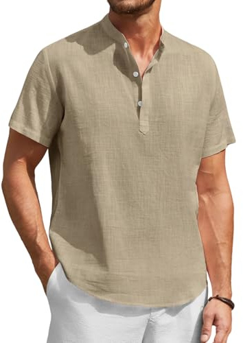 Enlision Chemise Lin Homme Manches Courtes Col Mao Chemise Été Hommes Leger en Coton Lin Chemise de Plage Classique Casual Henley Shirt S-4XL