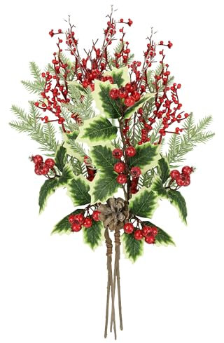 Konstgjord dekorativ gren med gran Ilex-bär, kottar, set om 2, 52 cm, bärgrenar, dekoration, gran, gren, AST blommor, konstgjorda grenar för adventskallsar, kransar, juldekoration, blomster,