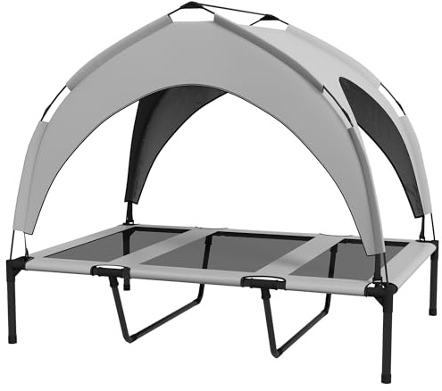PawHut Erhöhtes Hundebett mit Baldachin, Haustierbett, Outdoor Hundeliege mit Dach, Atmungsaktiv, für Mini- und Kleinhunde Hellgrau Oxford 106 x 76 x 94 cm