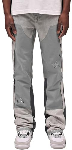 FYCYGG Flared Jeans Uomo, Pantaloni in Denim Streetwear Y2K con Disegno a Spruzzo d'inchiostro, Patchwork e Tasche, Pantaloni per Il Tempo Libero Bootcut Baggy in Stile Cowboy Hip Hop(Light Grey,S)