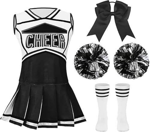 HAPNBCELE Cheerleader Costume for Girls, Cheerleading Outfit with Bow, Pom Poms, Socks, Kids Cheer Uniform Halloween Birthday Party Performance World Book Days 3-14 Years (Black, 8-9 Years)