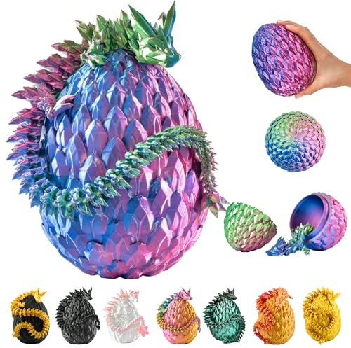 Elegante figura de dragón con impresión 3D en huevo | Figura decorativa coleccionable en azul, verde y violeta, decoración móvil y elástica para el hogar