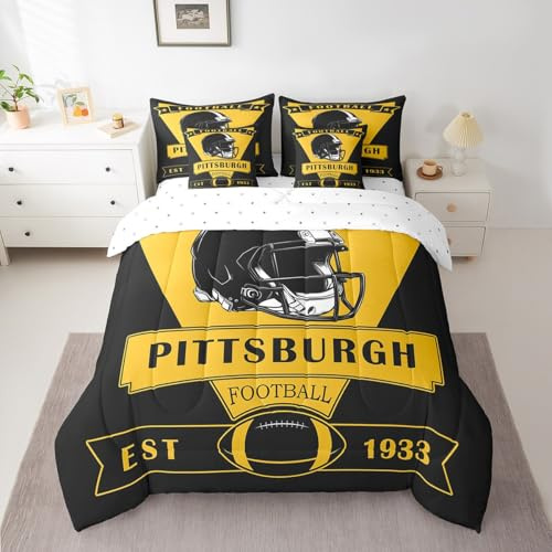 Feelyou Football Comforter Set with Sheets,Pittsburgh 7 Piece Bedding Set Twin Size,American Football City Bed in a Bag,Football Fans Gifts Bed Set