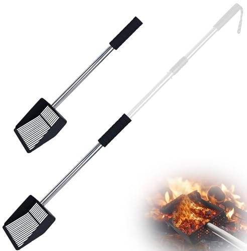 Bylion Hollow Out Fireplace Shovel Black Metal Coal Shovel, Fireplace Ash Sifter Scalable with 3-Section Adjustable Stainless Steel Handle & Protector, Fireplace Tools for Woodstove to Separate Coals