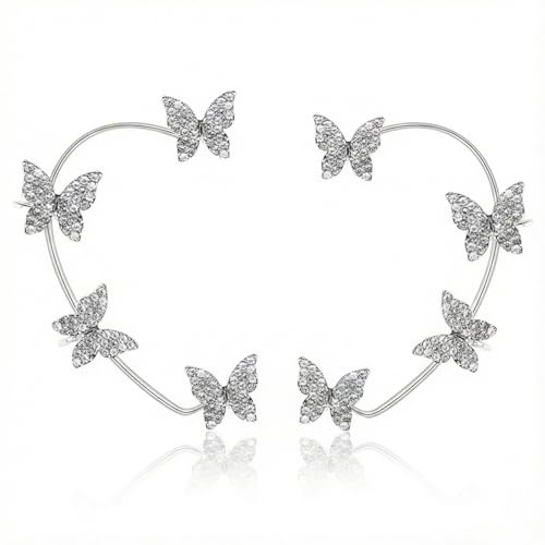 Hopzab 2Pcs Butterfly Ear Cuff Earrings with Rhinestones – Adjustable No Piercing Ear Clips for Women & Girls, Silver or Gold Wrap Crawler Earrings for Parties & Events, Vintage Jewelry