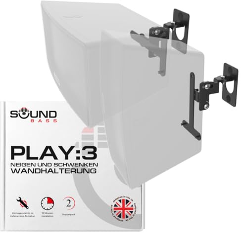 Sound bass Play 3-Wandhalterung, Schwarz, Paar, nur kompatibel mit Sonos Play:3, Doppelpack, Verstellbarer Dreh- und Neigemechanismus, 2 Montagehalterungen inklusive Aller Befestigungen