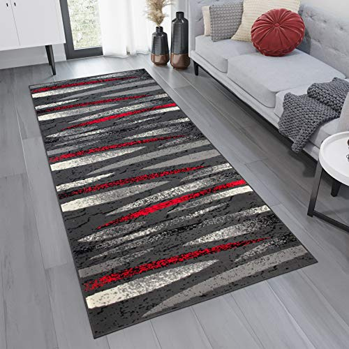 TAPISO Dream Läufer Flur Teppich Kurzflor Modern Teppichläufer Brücke Grau Creme Rot Streifen Wellen Meliert Muster Wohnzimmer ÖKOTEX 100 x 200 cm