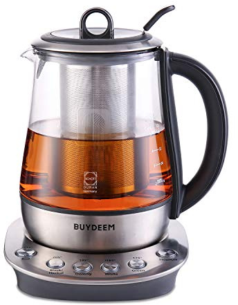 BUYDEEM K2423 Tea Maker, Durable 316 Stainless Steel & German Schott Glass Electric Kettle, Removable Infuser, Auto Keep Warm, BPA Free, 1.2L