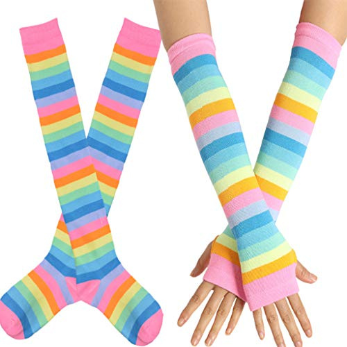 JOYKK Femmes Rainbow Stripes sur la Cuisse du Genou Chaussettes Hautes Manchettes Gants sans Doigts Ensemble De Déguisements Costume De Fête Mascarade - 4# Rose