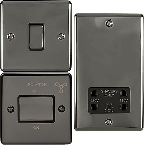 BLACK NICKEL Bathroom Switch & Socket Set - 1x Single Light Switch | 1x 6A Extractor Fan Isolator Switch | 1x 2 Gang 230V/115V Twin Shaver Socket - Mains Shower/Wet Room