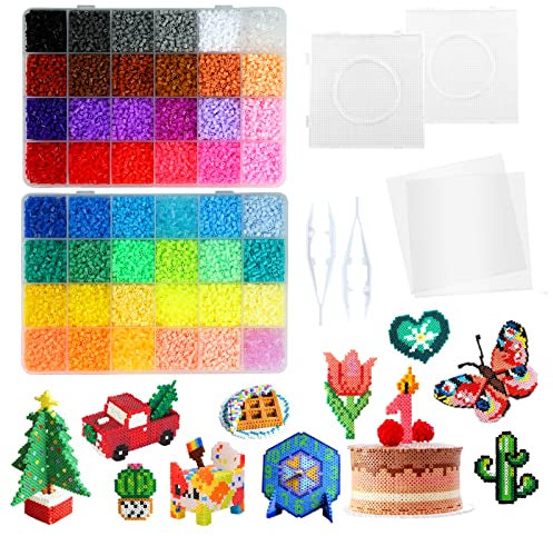 Moncolis 24000 Bügelperlen Set 2.6mm 48 Farben Steckperlen mit Platten Benötigten Zubehör Mini Perlen in Organizerbox zum Basteln DIY Jungen Mädchen