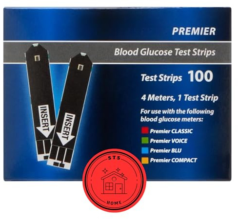 Premier Blood Glucose Test Strips | Blood Glucose Test Strip | Blood Sugar Test Strips | Premier Test Strips 100 Count + STS Sticker.
