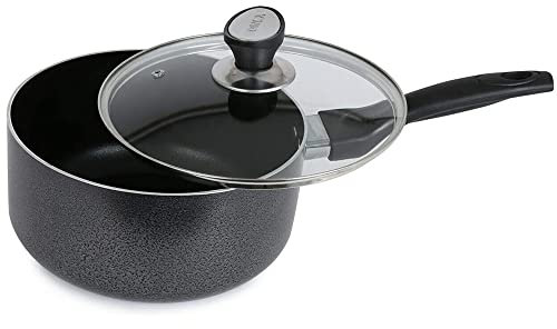 AM Home and Kitchen - Non Stick Aluminium Saucepan with Tempered Glass Lid -24cm- Induction Hob Compatible, Easy-Clean Saucepans for Sauces, Pasta, and Everyday Meals