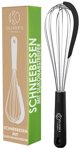 Oliver's Kitchen ® Ballon-Schneebesen Edelstahl mit integriertem Silikonschaber - Ideal zum Backen und Kochen - Spiralschneebesen - Komfortabler Griff - Einfach zu reinigen
