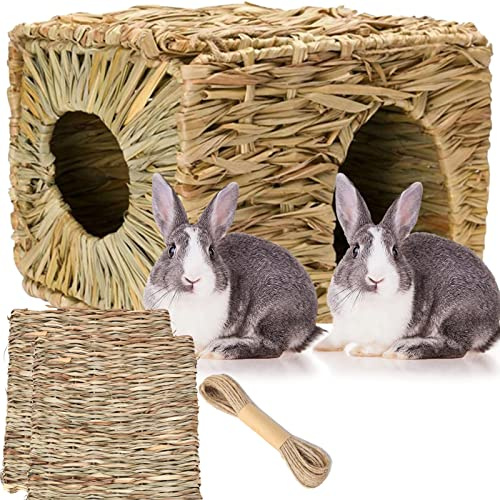 Bunny Grass House - Hand Crafted Natural Rabbit Hideout & Nesting Box, Foldable & Comfortable Bed Cage for Small Animals, Hamster, Guinea Pig, Chinchilla, Hedgehog (Large - Suit for 2 Adult Rabbit)