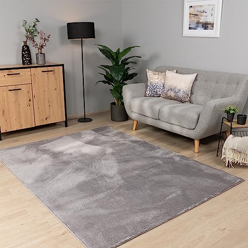 Paco Home Teppich Wohnzimmer Schlafzimmer Kurzflor Waschbar Einfarbiges Muster Flauschig Weich rutschfest Moderne Deko, Grösse:160x220 cm, Farbe:Grau