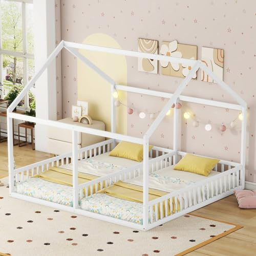 KOMHTOM 2 en 1 90x200CM Cabane Lit d'enfant avec Clôture de Sécurité, Lit de Maison avec Sommier à Lattes en Bois, Cadre de lit(sans Matelas) (Blanc)
