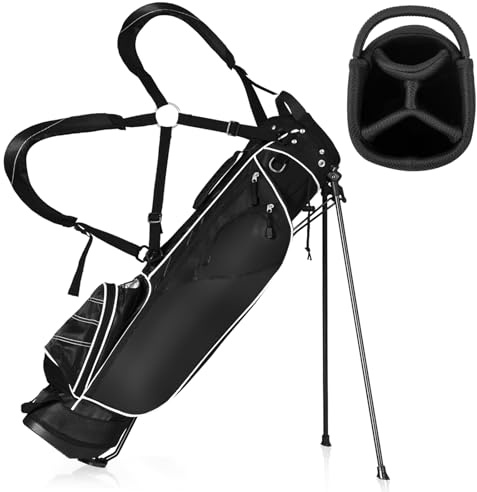 GYMAX Borsa da Golf, Sacca da Golf con Cavalletto, 20,5 x 14 x 125 cm(Nero)