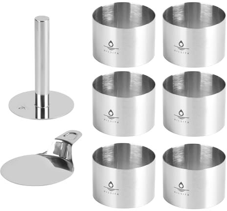 Hilsita 8-Stück Kuchen Dessert Ringe mit Presse & Spachtel, 3 Zoll, Edelstahl Tortenring, Runde Backringe für Kuchen, Reis, Gemüse bilden Platte, Kuchenring, Küche Backen Werkzeuge