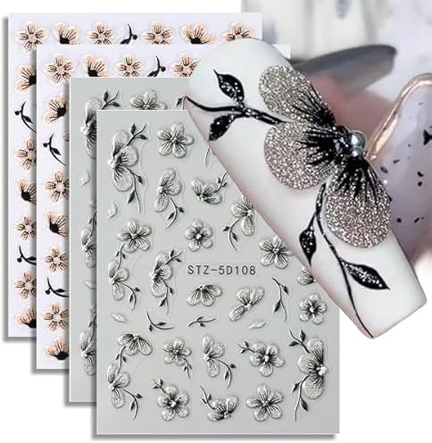 Mrltau 4 fogli di adesivi per unghie, stereoscopici 5D, autoadesivi, colore nero, oro, per nail art, per unghie, fiori, per unghie