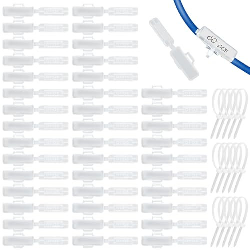 60 Stück Kabeletiketten Mit Kabelbinder Weiß Wasserdicht, Korrosionsbeständig Transparent Kabel Beschriftung, Wiederverwendbaren Kabelbeschriftung Clip, Snap-On-Design Kabelmarkierer