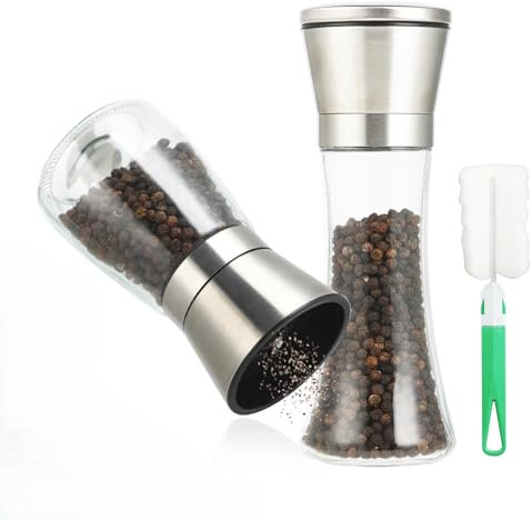 Set Macina Sale e Macina Pepe - Macina Sale per sale grosso - Macina Pepe in acciaio inox 304 & vetro senza piombo (13,5 x 6,5/19 x 6,5 cm)
