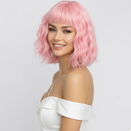 SIMKAYLEE Korta rosa peruker för kvinnor med lugg, vågig skulderlång rosa bob-peruk med frans för damer, syntetisk vattenvåg, värmebeständig fiberhår för Halloween, cosplay-kostym (30 cm)