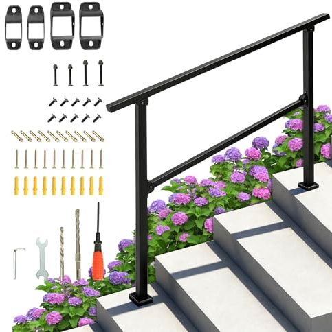 OUUTMEE Main Courante d'Escalier pour 3 à 4 Marches, Rampe d'Escalier pour Extérieur en Fer Forgé, Garde-Corps d'Escalier Réglable pour Escalier Balcon Porche Jardin Garage (Noir)
