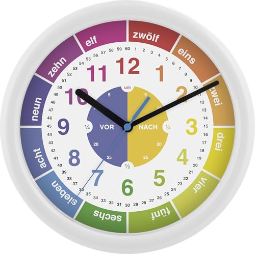 Eurotime 80014-00 Horloge murale à quartz pour enfant avec trotteuse silencieuse, boîtier en plastique blanc, cadran à motif, cadran d'apprentissage complet, 25 cm de diamètre
